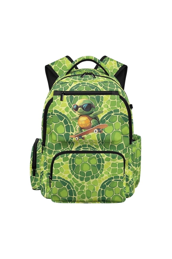 Skateboard Turtle Boys Backpack, 17 Inch Lightweight Multi-Pocket Purse, Fits 15.6 Laptop Adjustable Straps Green Shell Bookbag for Primary Middle School Back to School