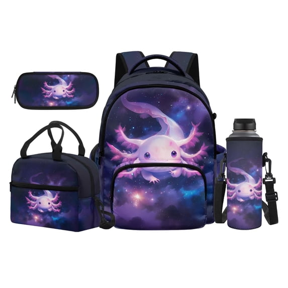 Yspwyqan Space Axolotl Kids Backpack and Lunch Box Set, Lightweight 4 Piece Kids Backpack Set with Pencil Case Water Bottle Bag, 17 Inch School Bookbag for Elementary Middle High School