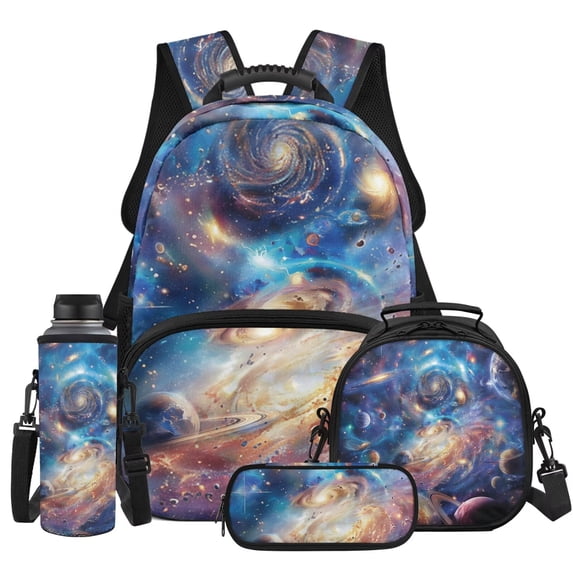 Yspwyqan Spiral Galaxy Cosmic Backpack Set for Elementary School, Kids Matching Lunch Box Set 4Pcs, 17 Inch Lightweight Padded Straps Boys Backpack for Primary Middle Travel