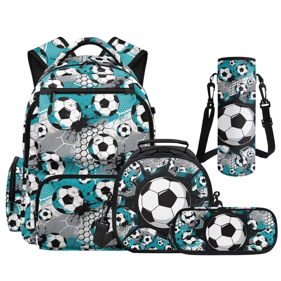 Yspwyqan Splash Soccer Ball Backpack Set Kids Boys, 4 Piece Backpack Lunchbox with Pencil Case, 17 Inch Lightweight Padded Straps Bookbag Multi-Pocket for Elementary School
