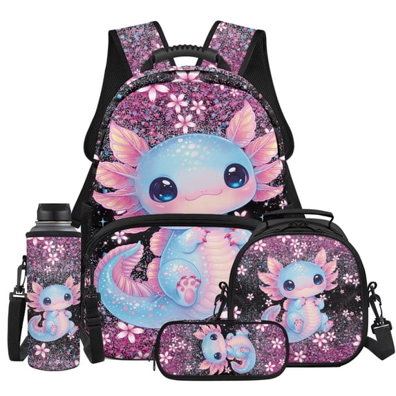 Yspwyqan Starry Axolotl Backpack Set for School, Pink Glitter Girls Backpack with Lunch Box Water Bottle, 17 Inch Large Capacity Adjustable Straps Daypack for Hiking