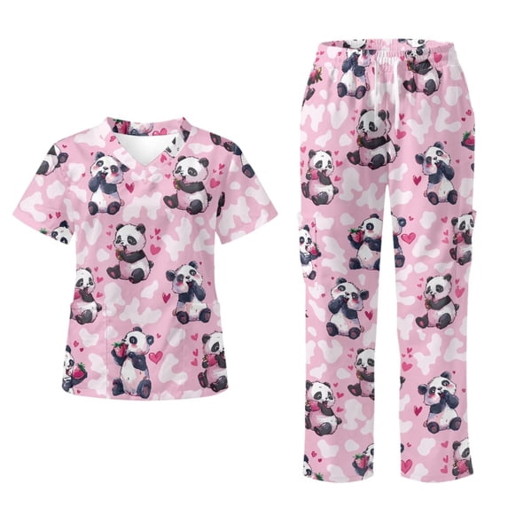 Yspwyqan Strawberry Panda Scrubs for Women Set, 2 Piece V-Neck Short Sleeve Scrub Top & Jogger Pants, Stretchy Breathable Uniforms with 6 Pockets for Vet Work, Size S