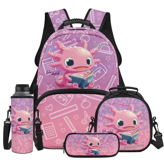 Yspwyqan Studying Axolotl Girls Backpack Lunchbox Set, 4Pcs with Lunch Box Water Bottle Bag, 17 Inch Adjustable Straps Large Capacity Backpack Set for School Hiking