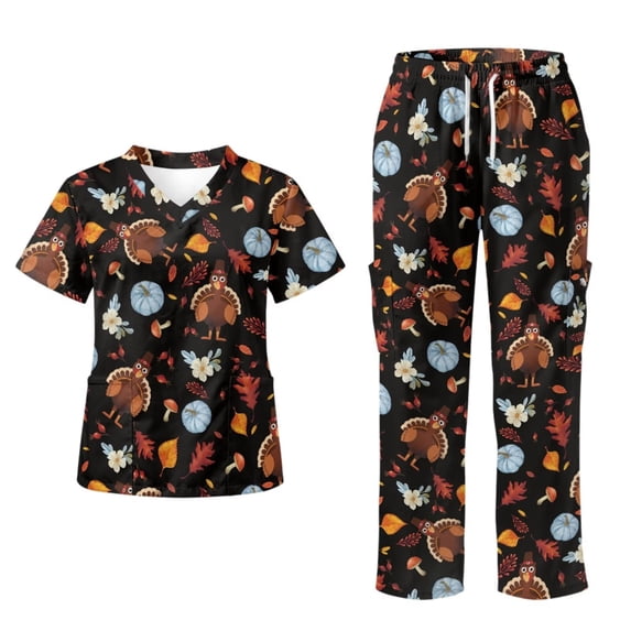 Yspwyqan Thanksgiving Turkey Scrub Set for Women Medical, 2 Piece Short Sleeve V-Neck Scrubs, Stretchy Comfortable Working Shirts with Pockets for Nurse Healthcare, Size 5XL