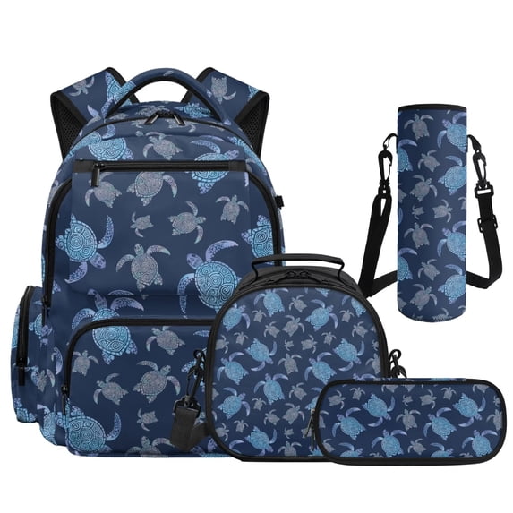 Yspwyqan Tribal Turtle Kids Backpack Set for Boys Girls, 4 Piece with Lunch Box Water Bottle Bag 17 Inch Lightweight Multi-Pocket School Backpack Fits 15.6 Laptop for Elementary