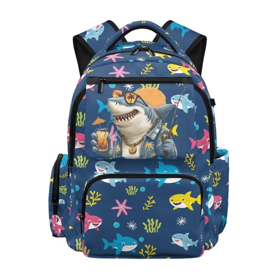 Yspwyqan Tropical Fishing Shark School Backpack for Kids, 17 Inch 600D Polyester Lightweight Bookbag, Multi-Pocket Fits 15.6 Laptop with Front Pocket for Elementary Travel