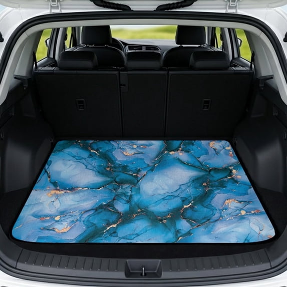 Yspwyqan Trunk Mat for Cars, Blue Gold Marble All Weather Anti-Slip Cargo Liner, Easy to Clean Auto Interior Accessory Compatible with Saloons Most Car Vehicles