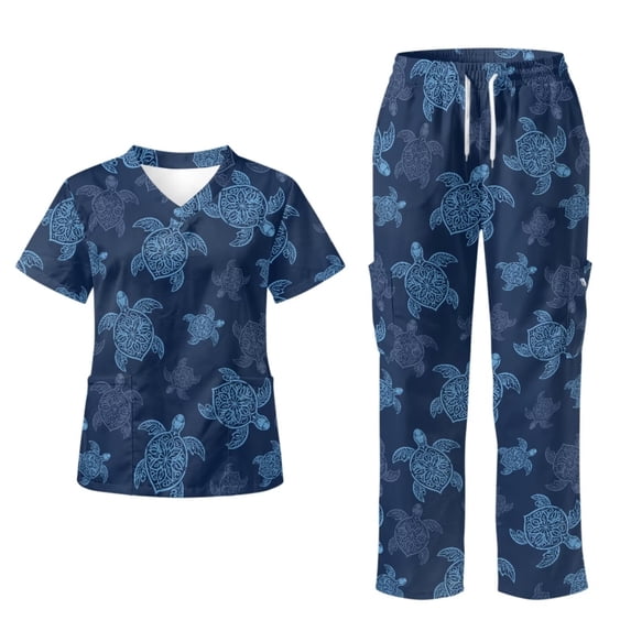 Yspwyqan Turtle Tribal Scrub Uniforms for Women Set, 2 Piece V-Neck Short Sleeve Scrubs with 6 Pockets, Breathable Lightweight Quick Dry Uniform for Nurse Vet Work, Size L