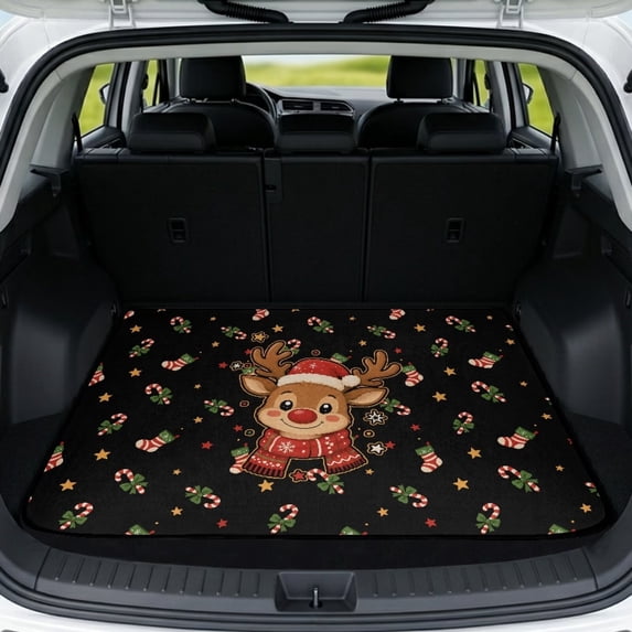 Yspwyqan Universal Car Trunk Mat 29" x 39", Cute Reindeer Grippy Weather-Adaptive Cargo Repair Mat, Easy-to-Clean Vehicle for Most Sedans SUVs Wagons for Holiday Trips