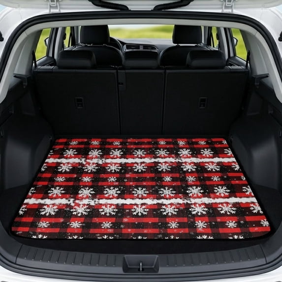 Yspwyqan Universal Car Trunk Mat 29" x 39", Festive Vehicle Interior Accessory, Red Plaid Snowflake Easy to Clean Trunk, Portable Fit for Most Sedan SUV Wagon Holiday Use