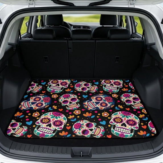 Yspwyqan Universal Car Trunk Mat 29" x 39", Sugar Skull Grip Base Season-Resistant Cargo Liner, Compatible with Most Sedans SUVs Wagons for Daily Commutes Trips