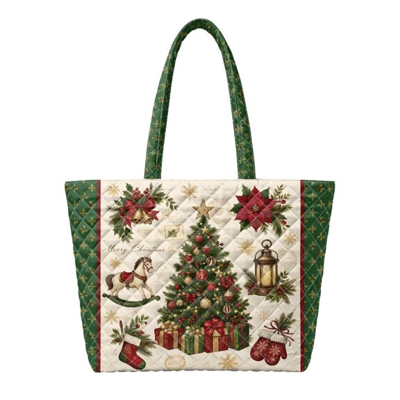 Yspwyqan Vintage Christmas Tree Teacher Bag, Foldable Green Shoulder Handbag Tote Fits 14 Inch Laptop, Slouchy Carryall for Holiday Shopping Travel Work Festive Outings