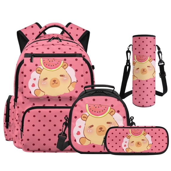 Yspwyqan Watermelon Capybara Backpack Set for School Kids, Lunch Box Set 4Pcs Large Capacity Polka Dot Front Pocket Trendy Daypack for Ages 8-15 Travel