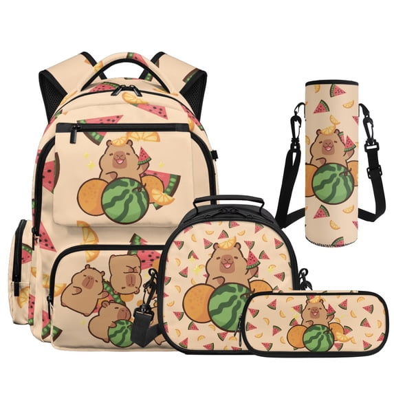 Yspwyqan Watermelon Capybara Kids Backpack Set for Travel, with Lunch Box Water Bottle Bag, 17 Inch Lightweight Large Capacity Bags Multi-Pocket for Back to School Hiking