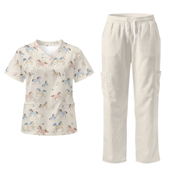 Yspwyqan Western Horse Floral Scrubs for Women Set, 2 Piece V-Neck Short Sleeve Scrub Top & Straight Leg Cargo Pants, Stretchy Breathable Quick Dry Shirts for Nurse Vet, Size S