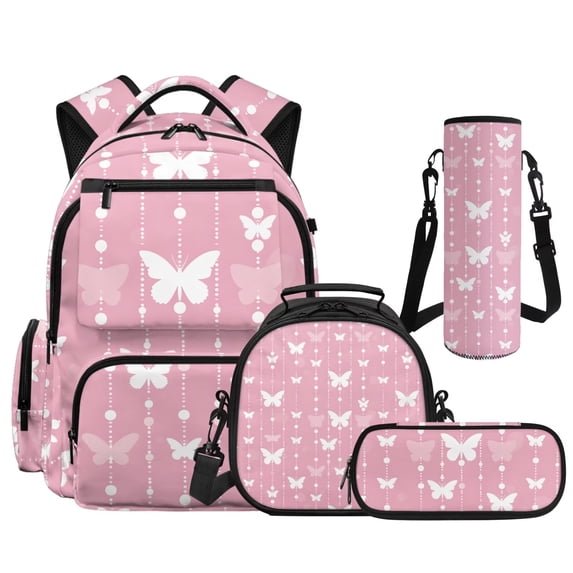 Yspwyqan White Butterfly Backpack Set for Girls, 4 Piece School Backpack with Lunch Box Pencil Case, 17 Inch Fashionable Bookbag with Front Pocket Fits 15.6 Laptop for High School
