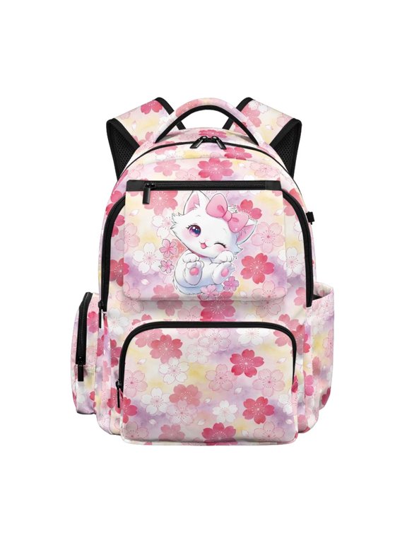 White Cat Kids Backpack for Girls, 17 Inch Cherry Blossom School Backpack, Multi-Pocket Fits 15.6 Laptop, Adjustable Straps for Primary Middle School