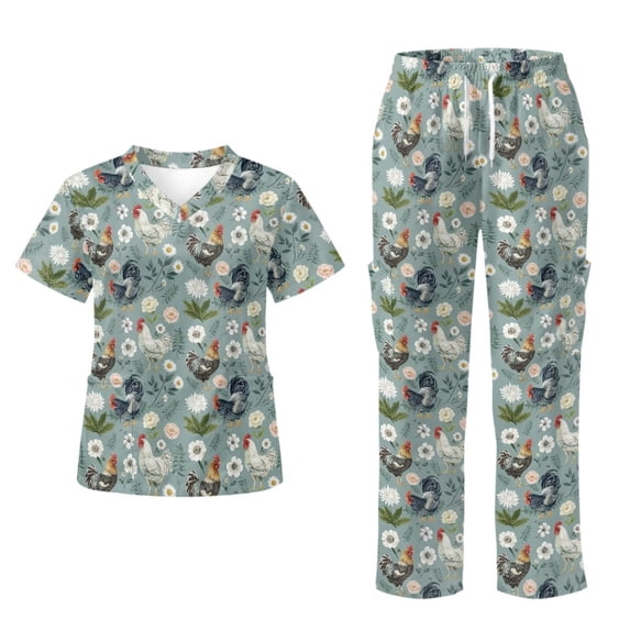 Yspwyqan Women's Medical Scrub Sets, 2 Piece V-Neck Short Sleeve Scrubs, Soft Cozy Farm Chicken Floral Nuesing Uniforms with Pockets for Healthcare Vet Work, Size M