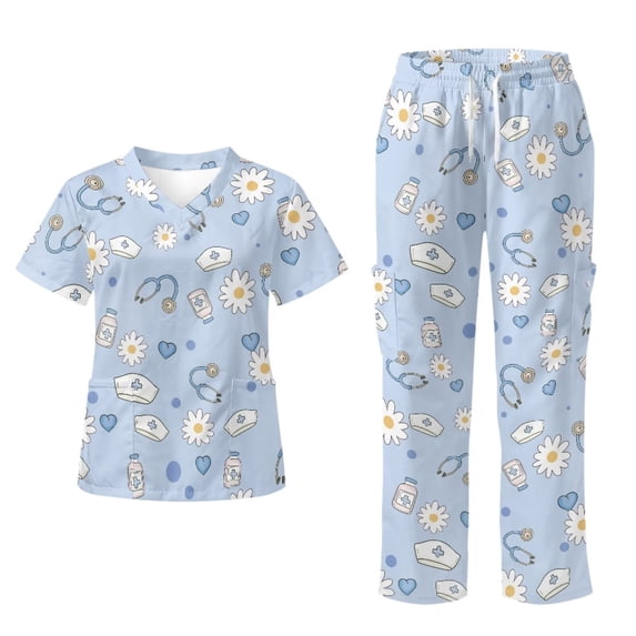 Yspwyqan Women's Medical Scrub Sets, Daisy Medical Print V-Neck Short Sleeve Scrubs, Soft Cozy Stretchy Medical Nurse Uniforms with Pockets for Healthcare, Size 4XL