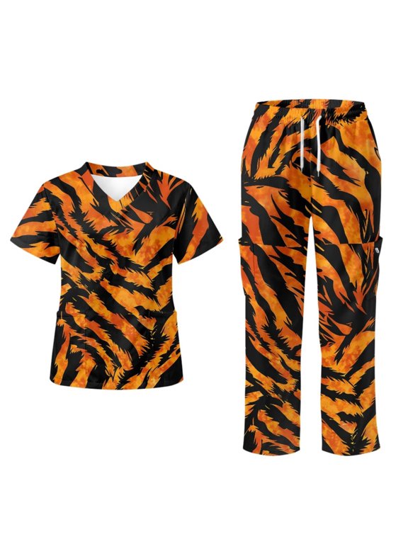 Yspwyqan Women's Medical Scrub Sets, Tiger Stripe 2 Piece V-Neck Scrub Shirts & Straight Leg Pants, Breathable Lightweight Quick Dry Uniforms for Healthcare Pediatric Clinic, Size 2XL