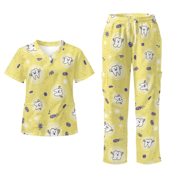 Yspwyqan Women's Medical Scrub Sets, Yellow Cartoon Tooth 2 Piece V-Neck Scrub Shirts & Straight Leg Pants, Breathable Lightweight Quick Dry Workwear for Dental Assistants, Size 2XL