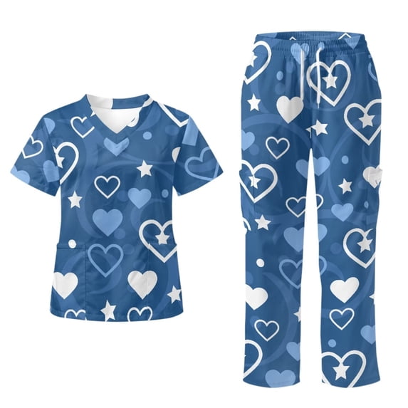 Yspwyqan Women's Scrub Set, Blue Heart Star Medical Scrubs Top and Pants 2 Piece, V-Neck Short Sleeve Soft Nurse Uniforms with Pockets for Nurse Working, Size S