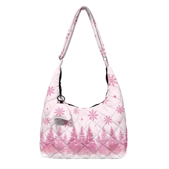 Yspwyqan Womens Christmas Hobo Bag, Spacious Pink Snowy Forest Hobo Shoulder Bag Large Crossbody Purse with Zipper Closure for Winter Travel Daily Commute Shopping