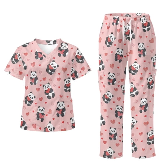 Yspwyqan Womens Medical Scrub Sets Size L, Cute Panda Heart V-Neck Scrub Top and Straight Leg Pants 2PCS, Lightweight Breathable Nursing Shirts with 6 Pockets for Vet Work