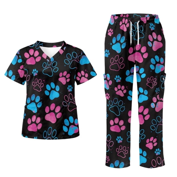 Yspwyqan Womens Medical Scrub Sets Size XL, Pink Blue Paw Print V-Neck Scrub Top and Straight Leg Pants 2PCS, Lightweight Breathable Workwear with 6 Pockets for Verterinary