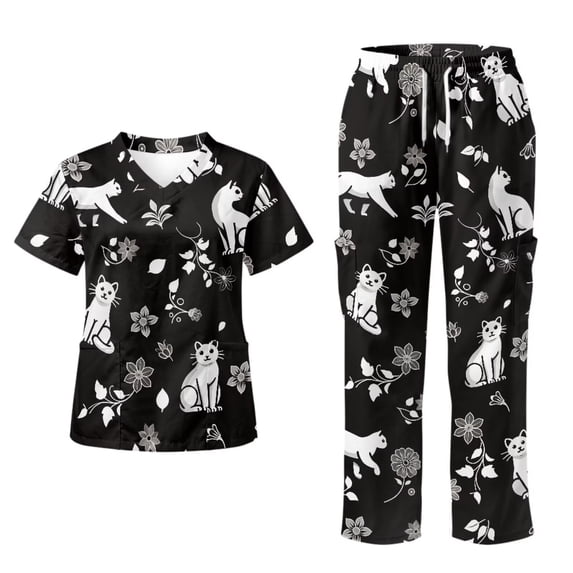 Yspwyqan Womens Medical Scrub Sets Size XL, White Cat Floral V-Neck Scrub Top and Straight Leg Pants 2PCS, Lightweight Breathable Shirts with 6 Pockets for Salon Spa Work