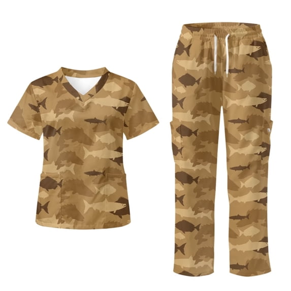Yspwyqan Womens Print Scrub Set, 2 Piece Short Sleeve V-Neck Scrubs with 6 Pockets, Breathable Casual Brown Fish Camo Uniform for Dentist Salon Spa, Size 2XL