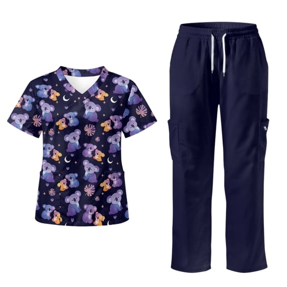 Yspwyqan Womens Print Scrub Set, Galaxy Koala V-Neck Short Sleeve Scrub Top and Pants 2 Piece, Comfortable Casual Nurse Uniforms with Pockets for Medical Workwear, Size 5XL