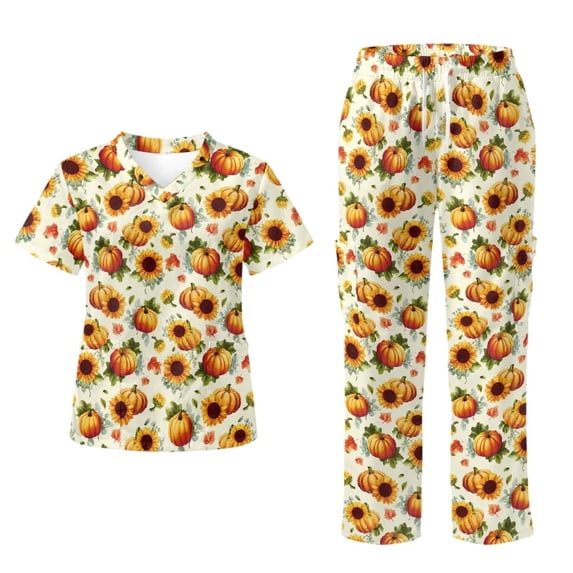 Yspwyqan Womens Print Scrub Set Size XL, V-Neck Short Sleeve Scrub Top and Pants 2 Piece, Comfortable Casual Sunflower Pumpkin T Shirts with Pockets for Dentist Medical Work