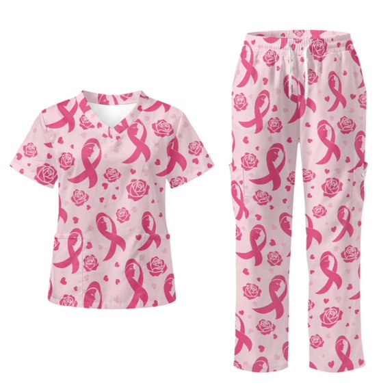 Yspwyqan Womens Print Scrub Set, V-Neck Short Sleeve Scrub Top and Pants 2 Piece, Comfortable Casual Pink Ribbon Rose Medical Shirts with Pockets for Medical Salon, Size 5XL