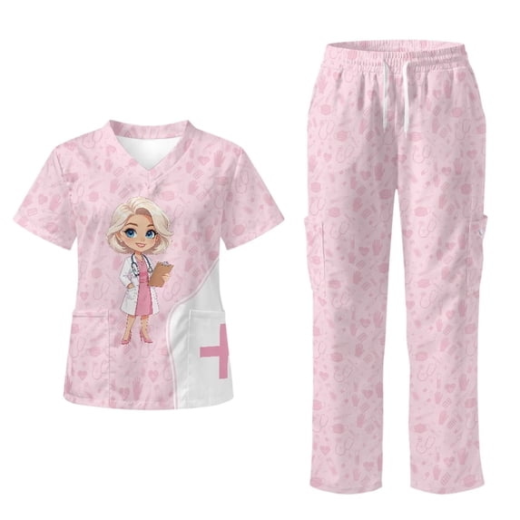 Yspwyqan Womens Scrub Set Casual, Cartoon Doctor Pink V-Neck Scrub Top and Straight Leg Pants 2PCS, Breathable Stretchy Workwear with 6 Pockets for Nurse Healthcare, Size S
