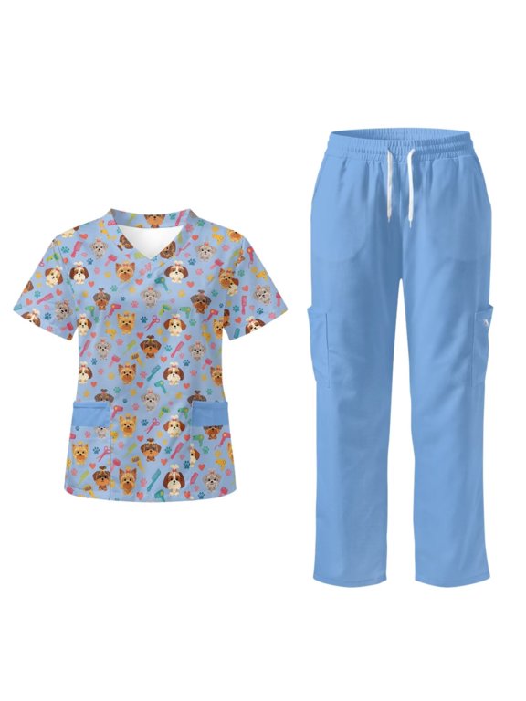Yspwyqan Womens Scrub Set Size 3XL, Cute Dog Paw Medical Scrubs Top and Pants 2PCS, V-Neck Cozy Quick Dry Fabric Shirts with Pockets for Nurse Pet Grooming Work