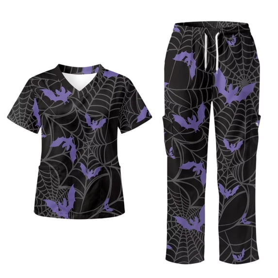 Yspwyqan Womens Scrub Set, Spider Web Bat Medical Scrubs Top and Cargo Pants 2PCS, V-Neck Cozy Lightweight Working Uniforms for Vet Dental Pet Grooming, Size M