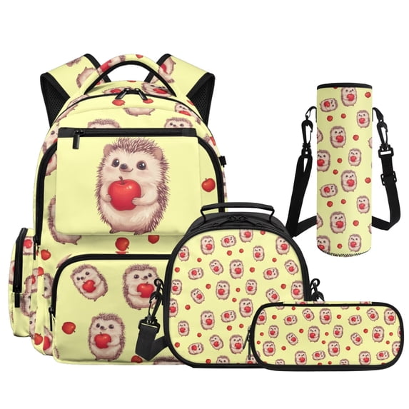 Yspwyqan Yellow Hedgehog Apple Set of 4 Backpack Set with Lunch Box Pencil Case Water Bottle, Multi-Pocket Lightweight School Bags Fits 15.6 Laptop for Elementary Middle School