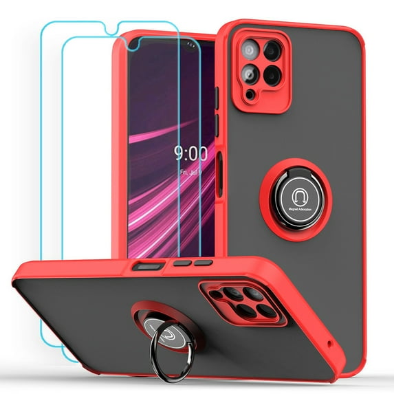 Ytaland for T-Mobile Revvl 6 Pro 5G Case,with 2 x Tempered Glass Screen Protector. (3 in 1) Shockproof Bumper Protective Phone Cover with Ring Kickstand (Red)
