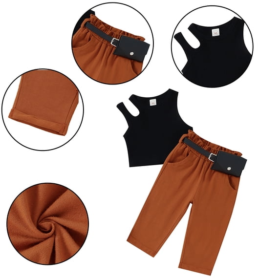 Ytdscs 1-6T Girls Vest T-Shirt Long Pants 3PCS Outfit for Toddler Kids Summer Solid Colours Sleeveless Tops Trousers with Waist Bag Set