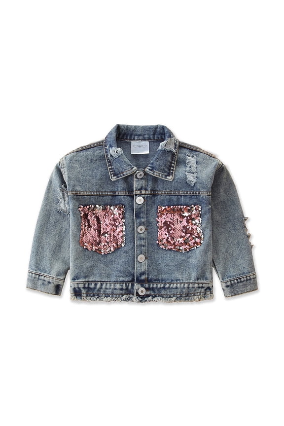 1-6T Little Girls Denim Jacket for Kids Baby Spring Fall Button Jean Jacket Long Sleeve Denim Coat for Toddler Small Sequins Cowboy Outwear with Pocket for Girls