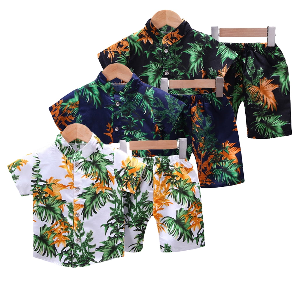 Sunset Green Kids Hawaiian Shirt and Shorts Set