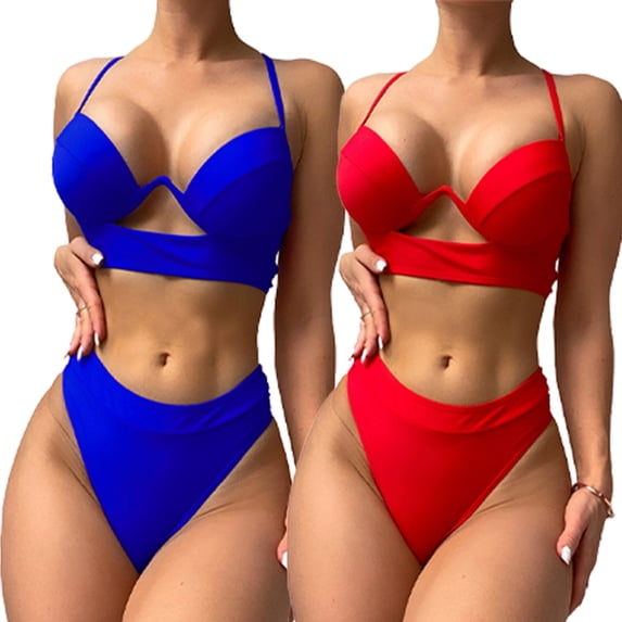 Ytdscs Women's Cutout Bikini Swimsuits 2PCS Sets Solid Colour Swimwear Outfits Summer Halter Tops Bathing Suits