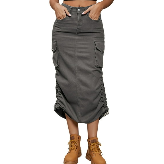 Chenyin Women's High Waisted Denim Maxi Skirts Summer Washed Jean Short Skirts with Pockets Long Skirts for Womens Size S-2XL