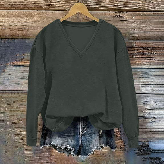 Yteetum Under 10 Oversize Hoodless Sweatshirts for Women V Neck Loose Fits Long Sleeve Shirts Pullover Sweatshirts Tops Womens Casual Solid Lightwieght V Neck No Hood Sweatshirts Fall Clothes