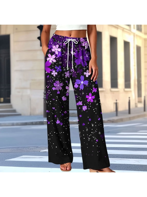 Under 10 Women's Wide Leg Pants Baggy Drawstring Elastic Waist Palazzo Pant Women Fall Casual Print Loose Comfy High Waisted Loungewear Trousers