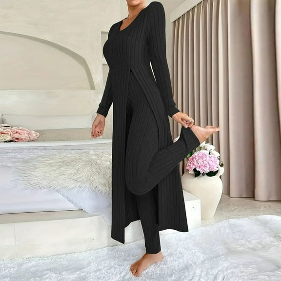 Yteetum 2 Piece Sets for Women Oversized Long Sleeve Shirts Top and Pants Crewneck Ribbed Knit Matching Set Womens Casual Pajama Set Long Sleeve Round Neck Sleepwear Nightwear Soft Pjs Loungewear Set