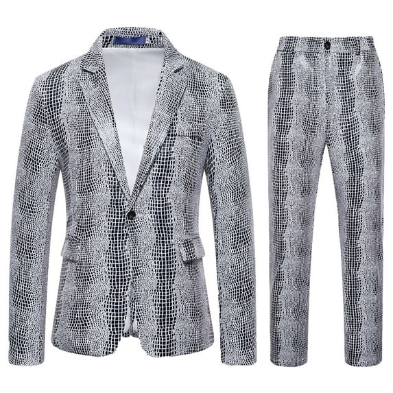 Yteetum 2PC Men's Tuxedo Suits Turndown Collar Single Breasted Button Printed Dress Suit Set Mens Oversized Lapel Slim Fits Print Blazer Jacket and Pant 2 Piece Set Wedding Performance Prom Dress Set