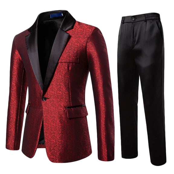 Yteetum 2PC Men's Tuxedo Suits Turndown Collar Single Breasted Button Printed Dress Suit Set Mens Oversized Lapel Slim Fits Print Blazer Jacket and Pant 2 Piece Set Wedding Performance Prom Dress Set