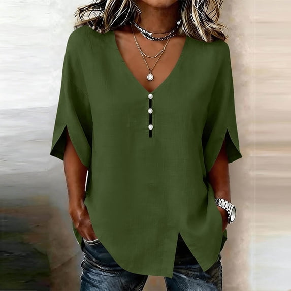 Yteetum 3/4 Length Sleeve Shirts for Women Summer V Neck 3/4 Sleeve Cotton Linen Tops Womens Casual Solid Loose Lightweight Comfy T Shirts